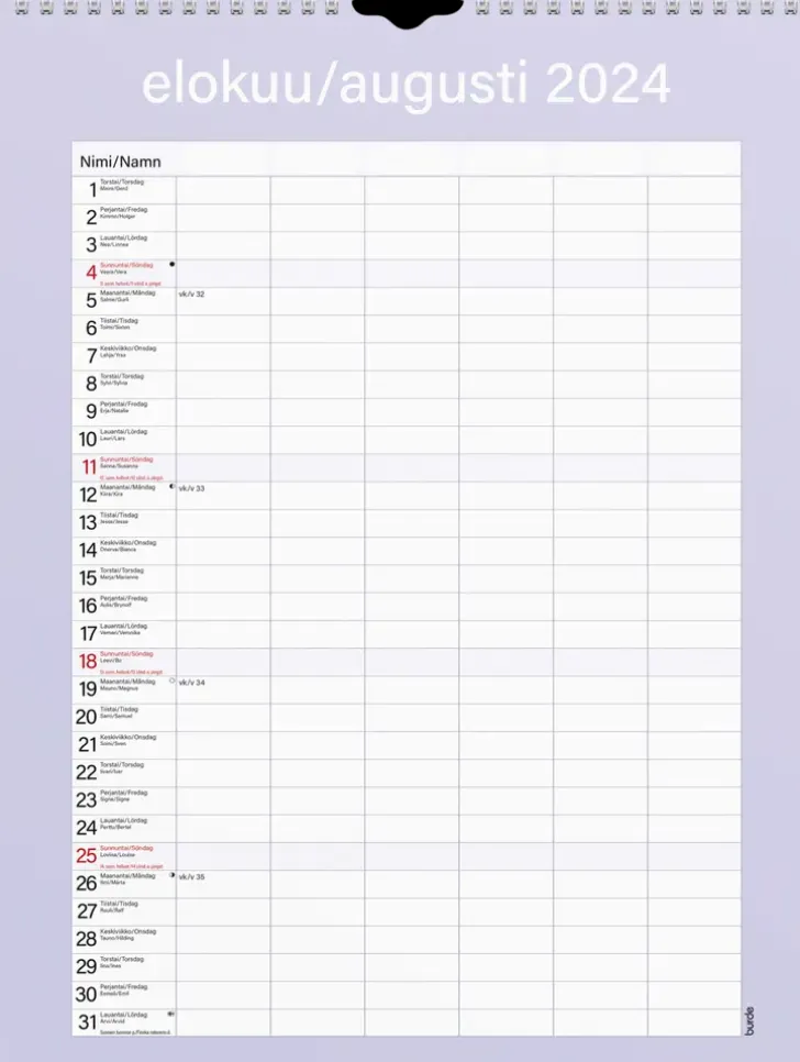 Burde Perhekalenteri 2024 Perhekalenteri Kateva